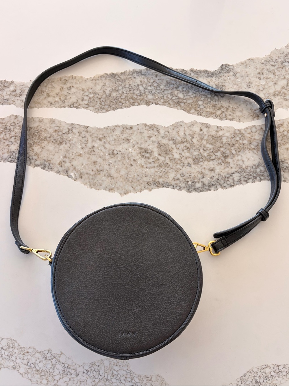 FAWN Round Crossbody Bag – Black Pebbled Vegan Leather | Minimalist